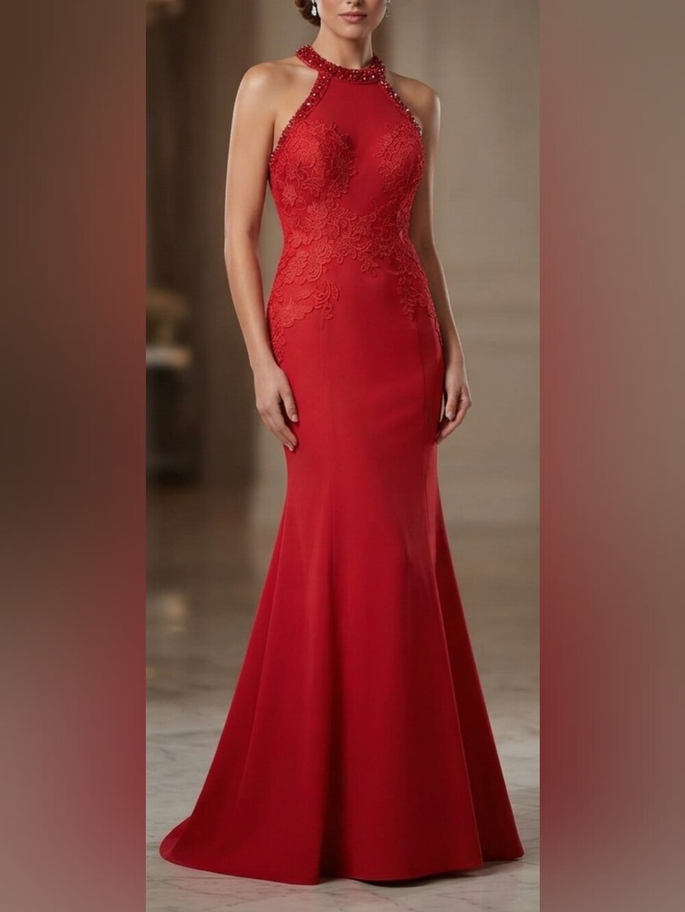 Red Halter Lace-Detail Maxi Dress